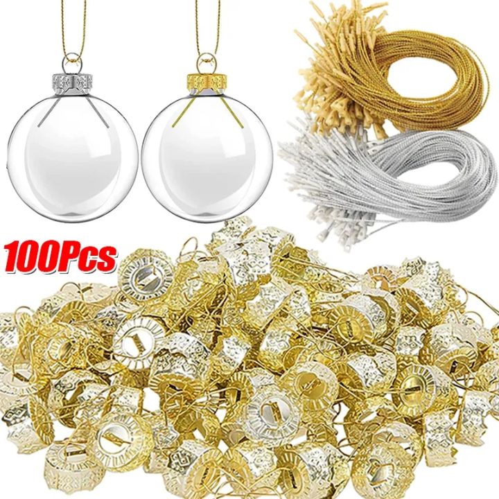 100PCS Round Christmas Ball Ornament Caps Gold Hangers String