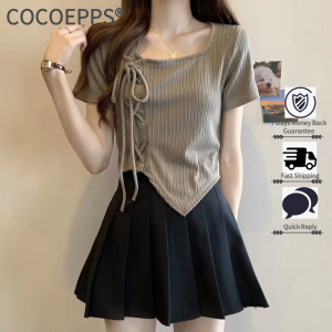 COCOEPPS Irregular drawstring short-sleeved T-shirt womens summer 2023 new womens Korean Style slim female ins thin lace-up top