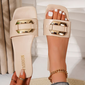 Free Shipping New Large-Size Metal Buckle Flat Sandals WomenS Square-Toe Fashionable Lightweight And One-Strap Beach Sandals