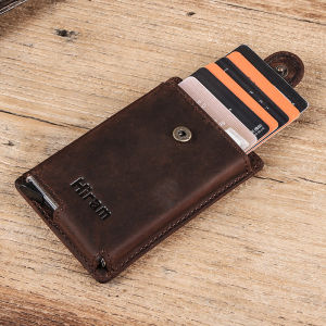 Vintage Men Credit Card Holder RFID Metal Aluminium Box Crazy Horse Leather Card Wallet Small Coin Purses ID Card Case