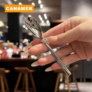 【CANAMEK】 Stainless Steel Round Spoon Net Red Golden Dinner Long Handle Stirring Dessert Spoons For Kitchen Accessories Gadgets
