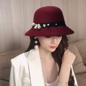 XINSU38 Autumn Sunshade Fashion Winter Gift Solid Color Flower Korean Style Wedding For Girls Round Top For Ladies Pearl Fedora Hat Bucket Cap Fisherman Hat Panama Hat
