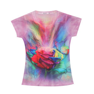 REHIN Womens T-shirt slim fit unique pattern rainbow colours print short sleeve shirt cotton t-shirts S-3XL blouse