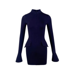 ชุดเดรสสั้นออกงานสีกรม แขนกระดิ่ง คอตั้ง มีซิปรูดด้านหน้า ใส่แบบโชว์อกได้ แต่งกระเป๋าหลอก2ข้าง ทรงเข้ารูป ชุดพีอาร์ #9163