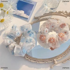 [COD] ZNPNXN New Organza Hair Rope Embroidery Flowers Forest System Scrunchies Ponytail Transparent Tulle Romantic Pink Blue Hair Accessories