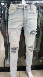 高街男复古水洗补丁小脚boy jean破洞牛仔裤男士修身男牛仔裤男