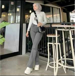 Celana Jeans Panjang Cutbray Cargo Wanita Kulot Highwaist Loose Stretch Melar