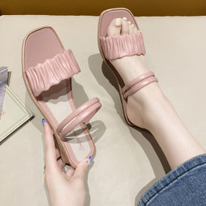 [Free Shipping] Womens Summer Sandals with One Strap Roman Style Wedge Heel Chunky Heel Dual-Wear Square-Toed Half-Slipper Sandals