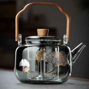 xpkQ High Borosilicate Glass Teapot Walnut Handle Boiling Teapot Stove Boiling Tea Pot with Lifting Beam 4P7H5