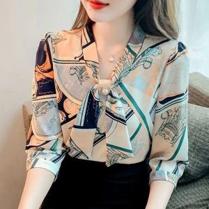 WomenSummer Style Chiffon Blouses Shirts Lady Casual Half Sleeve Bow Tie Collar Printed Blouses