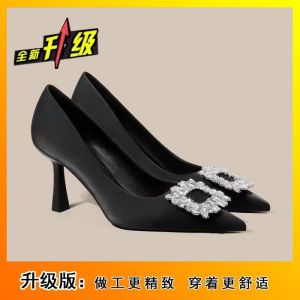 [Free Shipping] Spring And Autumn New Style Shallow Mouth Rhinestone Square Buckle Thin Heel Comfortable Single Shoes Pointed Toe White High Heels For Women