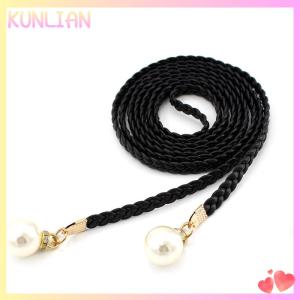 [KUNLIAN] เข็มขัดหนัง PU แบบบางสุดสร้างสรรค์เข็มขัดคาดเอวยางยืดประดับมุกชุดเดรสของผู้หญิงของขวัญเข็มขัดผู้หญิง