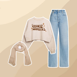 OOTD One Set 3in1 Kekinian (Sweater Crop Wanita + Celana Jeans Highwaist + Pashmina Kaos Jersey) - KA020