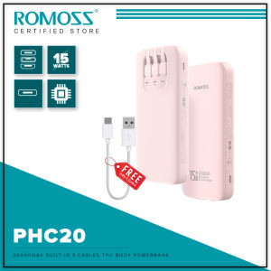 Romoss PHC20 15W 20000mAh Fast Charging Portable PowerBank With Built-In 3 Cable TypeC/Lightning/Micro USB Cables for iPhone Pad Tablets Android Mobile Phones 3C Digital Products Charge