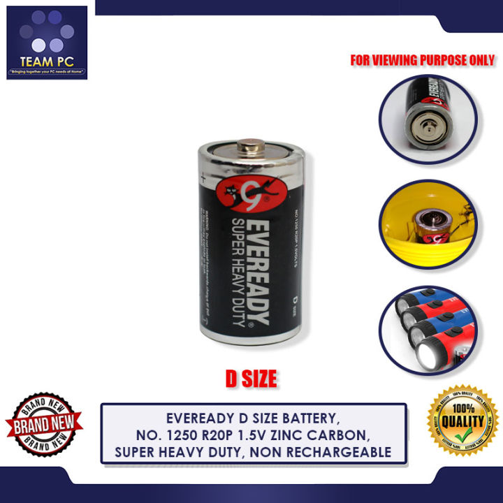 EVEREADY D SIZE BATTERY, NO. 1250 R20P 1.5V ZINC CARBON, SUPER HEAVY