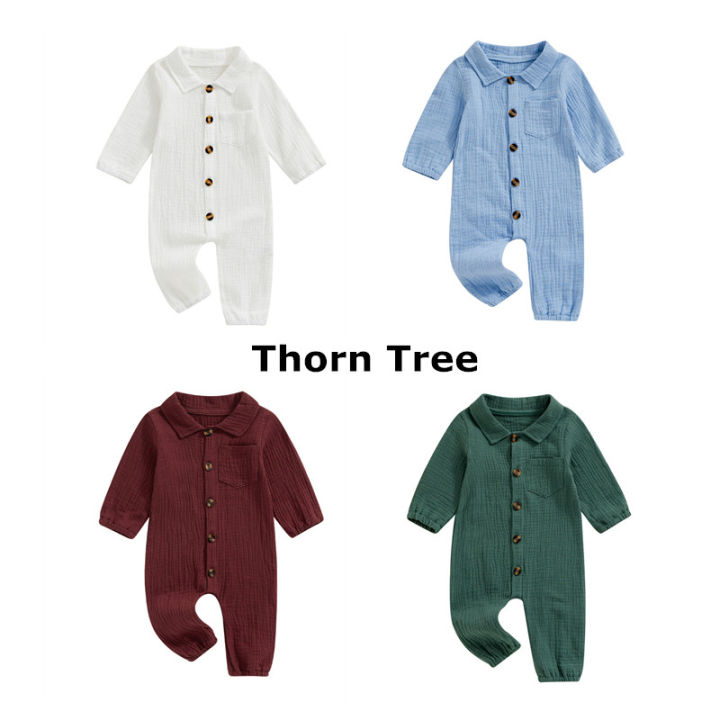 Newborn Baby Boy Girl Romper Solid Color Lapel Neck Long Sleeve Full Length  Button Down Jumpsuit Lazada PH