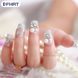 DFHRT 【12 hour shipping】24pcs/Set Crystal Golden False Nails Finger Nail Art Tips Rhinestone Bridal Wedding Fake nails with Glue