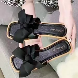 Square-Toed Bowknot Outdoor Sandals Fashionable And Versatile Low-Heeled Non-Slip Soft-Soled WomenS Summer Outdoor Slippers
