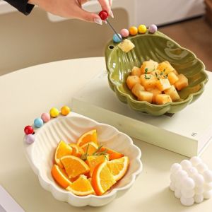ZYJC Large Capacity Fruit Plate with fork Ceramics Avocado Fruit Bowl Salad Plate Home Decoration with Fruit Fork Ceramic Fruit Bowl Living Room