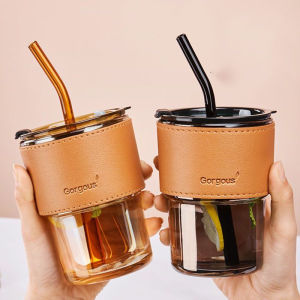 Yzlong thanh lịch cốc thủy tinh với bao da và món quà hoàn hảo rơm cho cà phê trà hoặc đồ uống ướp lạnh