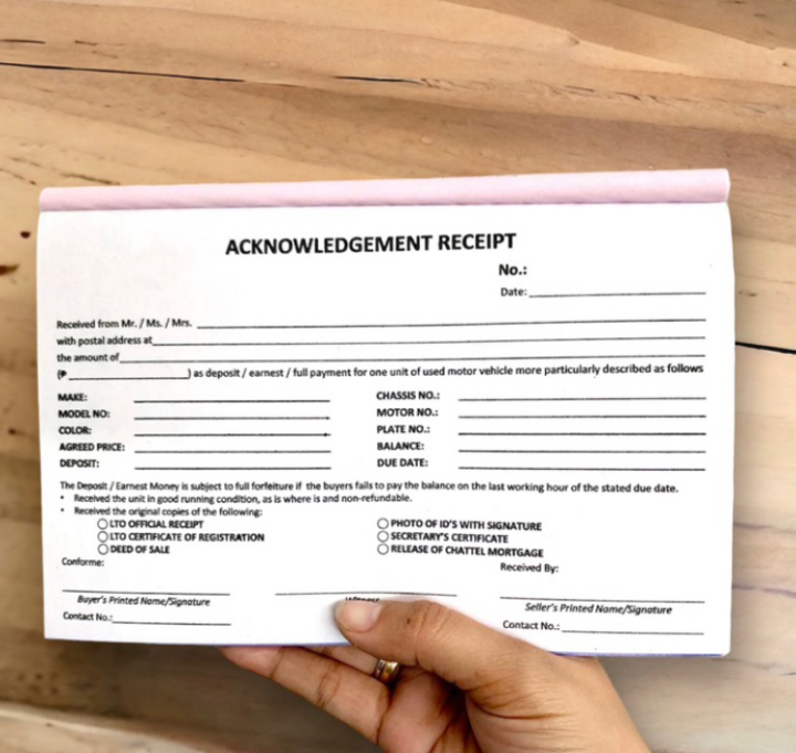 Acknowledgement receipt for motor vehicle motor acknowledgement