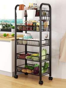 3 Tier Fruit and Vegetable Storage Basket for Kitchen - Stackable Metal Mesh Rack With Rolling Wheels - Black 3-Layer Storage Cart