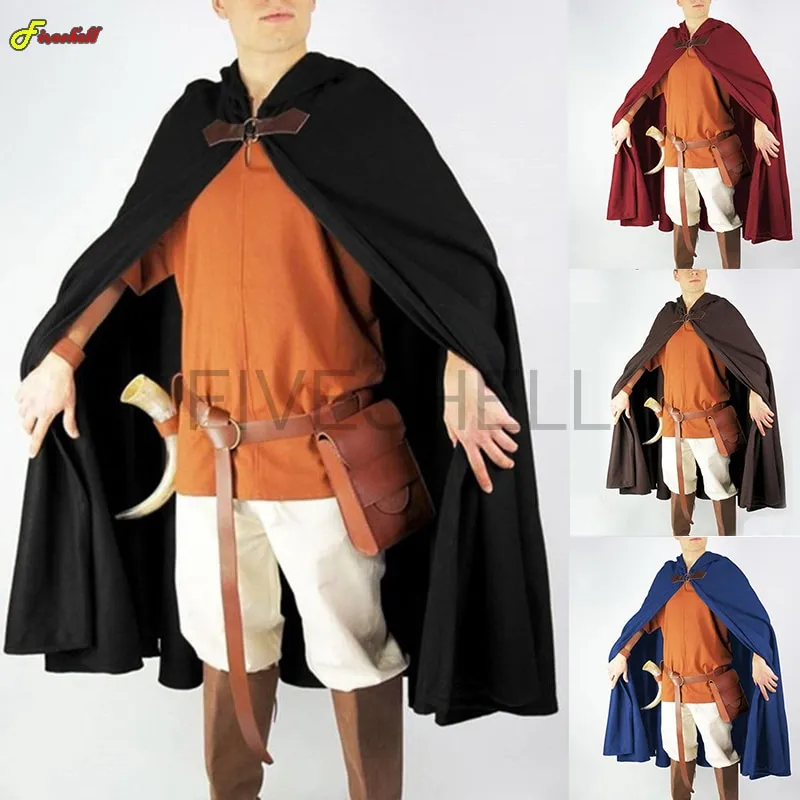 Men Black Long Cloak Hooded Robe Knight Medieval Halloween Cosplay Hood  Cloak