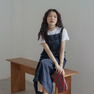 Váy Yếm Bò Cổ Điển Váy Bò Quá Đầu Gối Rộng Rãi Dáng Người Nhỏ Trẻ Trung Cho Học Sinh Váy Liền Dáng Dài Nữ Mùa Hè