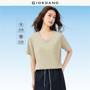 GIORDANO Women T-Shirts High-Tech Cooling V-Neck Summer Tee Crewneck Short Sleeve Simple Basic Pocket Casual Tshirts 05323403