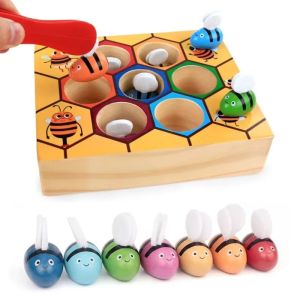BEIBEI Wooden Clamp Bee House Trap Game Montessori Color Sorting Early Education Beehive Game Fine Motor Skill Toy Puzzle Clamp Bee To Hive Toy Preschool Kids Boys