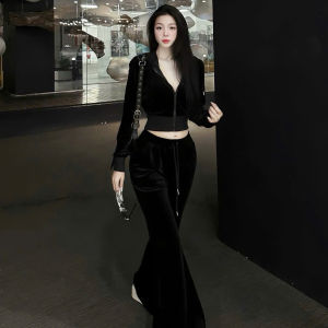 MK_Set đồ nữ mặc thu đông set Nhung cá tính áo croptop khoá kéo có mũ ôm body phối quần dài ống loe