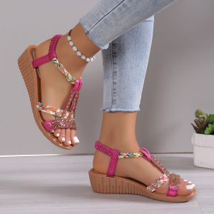 Free Shipping Summer New Fish-Mouth Wedge-Heeled Casual Plus-Size Bohemian Elastic-Strap Rhinestone Sandals For Women
