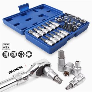 34 Pcs E Torx Bit Drive Set 1/4"3/8"E4-E20 E Torx Star Female Bit Socket Set