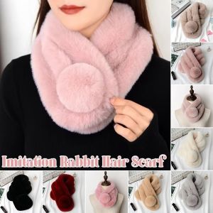 JING Faux Rabbit Fur Plush Cross Scarf Thicken Neck Protection Neck Scarf  Solid Color Shawl Women Girls