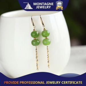 Montagne Jewelry 18k Pure Gold Earring Lucky Lanterns Design Fine Jewellery Natural 8mm Grade A Green Jade Earring Drop Earrings
