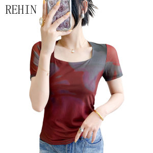 Rehin Áo thun nữ ôm sát ngắn tay lưới cổ vuông phong cách Châu Âu Gradient MÙA HÈ (S-3XL)