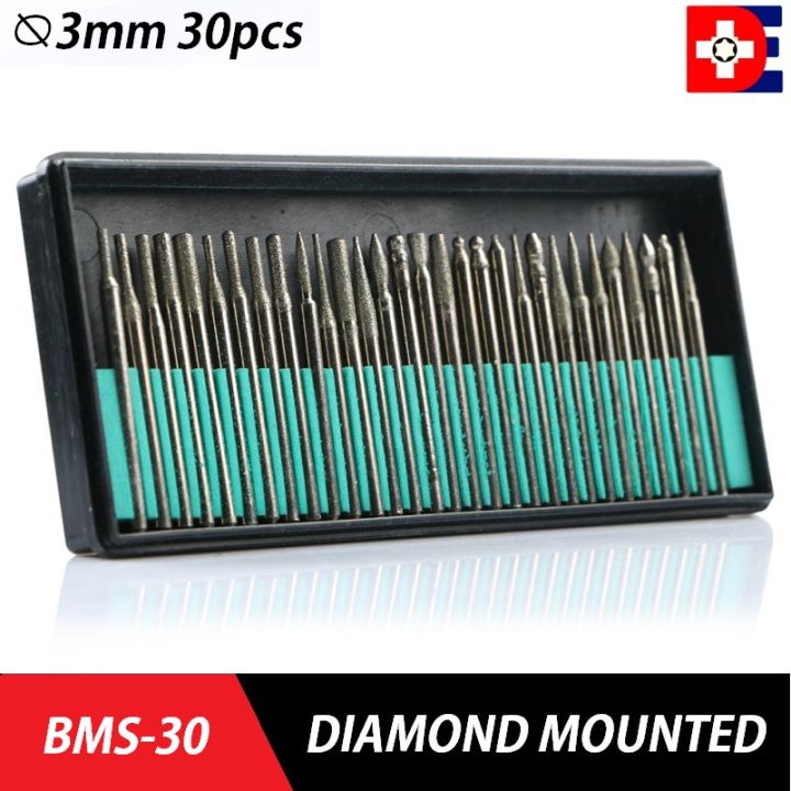 BMS30 Set of 30 x Diamond Mounted Points & Burs 3mm Dia Shank x 45mm