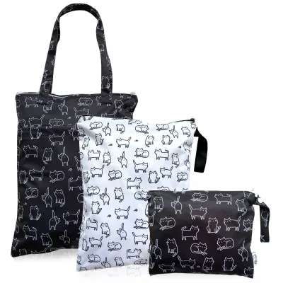 FLOCK THREE Reusable Wet/Dry Waterproof Tote Bag Swimsuit Wet Clothes Laundry Bag Baby Diapers and Stroller Pouch