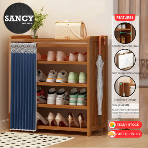 SANCY Bamboo Shoe Cabinet Woth Curtain Multilayer Shoe Cabinet Indoor Shoe Cabinet Large Capacity Shoe Rack Wooden Shoe Rak Kabinet Kasut Shoe Shelves Furniture - Fulfilled by SANCY