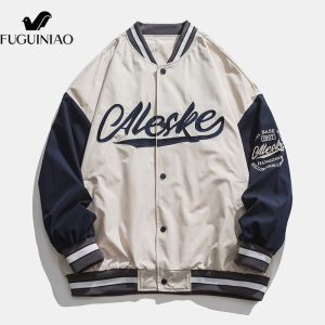 FUGUINIAO Mens Casual Loose Baseball Uniform Embroidered Jacket Mens and Womens Black Jacket