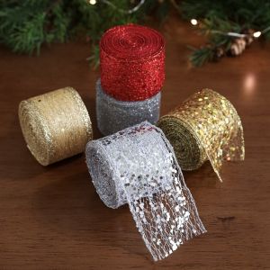 PRETTY MJ 2M ตาข่ายระยิบระยับ ริบบิ้นคริสต์มาส กลิตเตอร์และเลื่อม ผ้าซาตินออร์แกนซ่า โบว์ของขวัญ DIY ใหม่ สง่างาม ริบบิ้นตกแต่งพวงหรีด ตกแต่งต้นคริสต์มาส