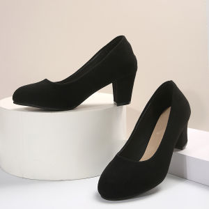 Free Shipping Baotou Chunky Heel Plus-Size Work Fashion Flats For Women Spring Elegant Suede Shallow Round-Toe Roman High Heels