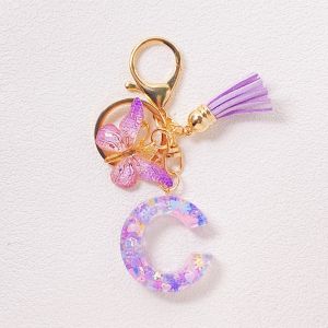 Fashion Purple Letter Keychain Heart Sequins Butterfly Tassel Crystal Epoxy Pendant Accessories Womens Keychain
