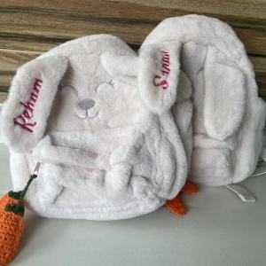 Personalized Custom Beige Plush Cute Carrot Hanging Ear Rabbit Womens Backpack Embroidered Childrens Cute Gift Bag With Name