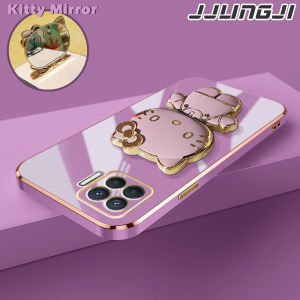 JJLINGJI Casing Ponsel untuk OPPO A93 F17 Pro Reno 4F Reno 4 Lite Reno 5 5K Reno 6 Find X3 Lite 5G Case pelindung 3D lensa kamera wadah Casing HP anti guncangan Kesing Gel silika Phone Stands lapisan batas pola Hello Kitty Softcase