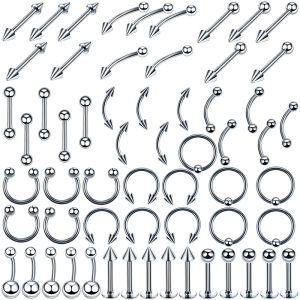 [fenggongshuode] 60Pcs Steel Mixed Nose Lip Eyebrow Tongue Belly Bar Ring Body Jewelry
