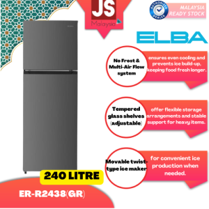 Elba 240L 2 Door Refrigerator ER-R2438(GR) – No Frost Fridge Multi Air Flow Dark Grey
