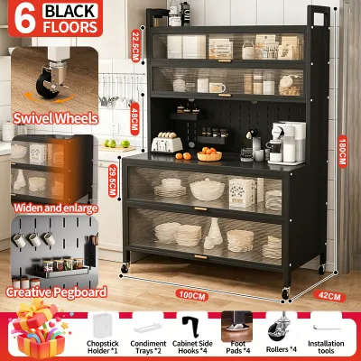 【SG Local Seller】6 Tier Mobile Kitchen Storage Cabinet With Magnetic Rotating Door DIY Pegboard Multifunctional Kitchen Buffet Sideboard Rolling Microwave Shelf Organizer With Lockable Wheels For HDB Home Kitchen