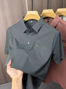 Trend  Printed Short Sleeved Polo Shirt Summer Ice Silk Breathable MenS Striped Casual Pocket Polo For Men Formal Wear