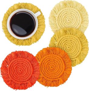 4Pcs Boho Macrame Coasters Blue Handmade Woven Drink Coasters Farmhouse Rustic Cup Mat Pad for Home Kitchen Office Table Desk Housewarming Gift Party Table Decor